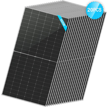 A stack of 20 Sungold Power black bifacial solar panels arranged diagonally, with a blue label showing 550W and a blue badge in the top right corner stating 20PCS, highlights advanced energy efficiency.