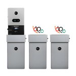 Three silver EG4 48V PowerPro rectangular battery units with circular logos and colored cables are side by side. Above the leftmost unit is a large control panel, illustrating a robust off-grid power solution on a white background.