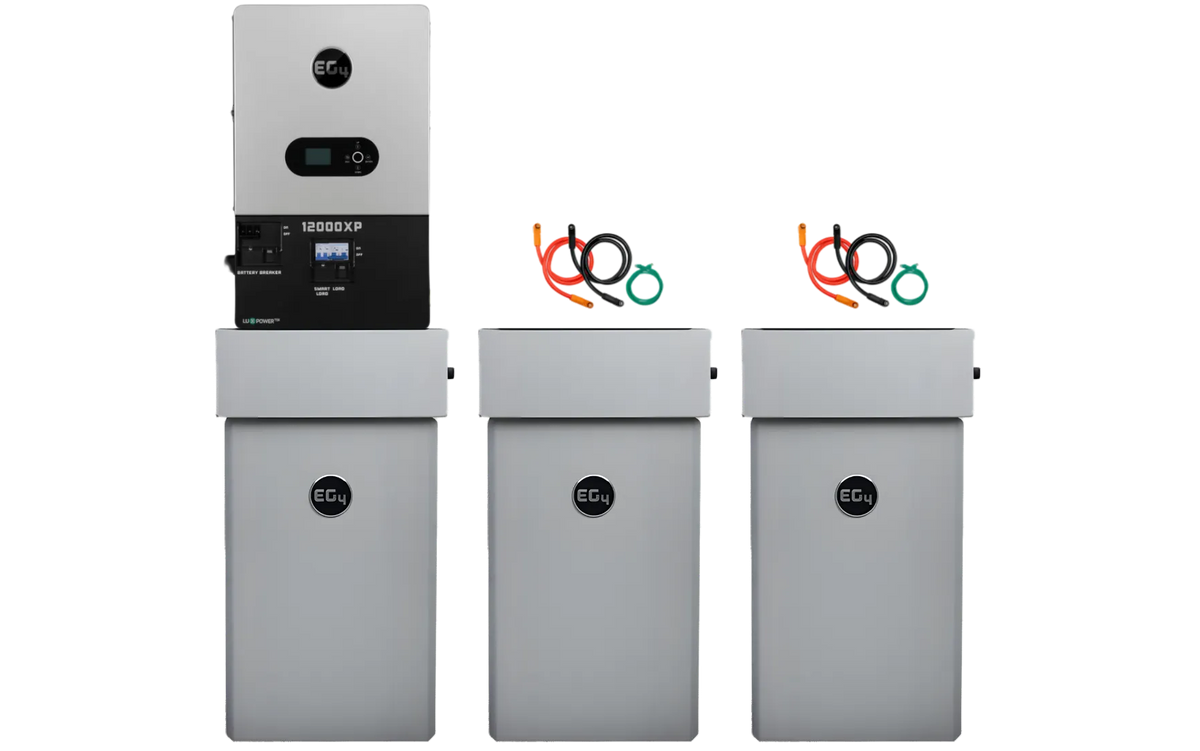 Three silver EG4 48V PowerPro rectangular battery units with circular logos and colored cables are side by side. Above the leftmost unit is a large control panel, illustrating a robust off-grid power solution on a white background.