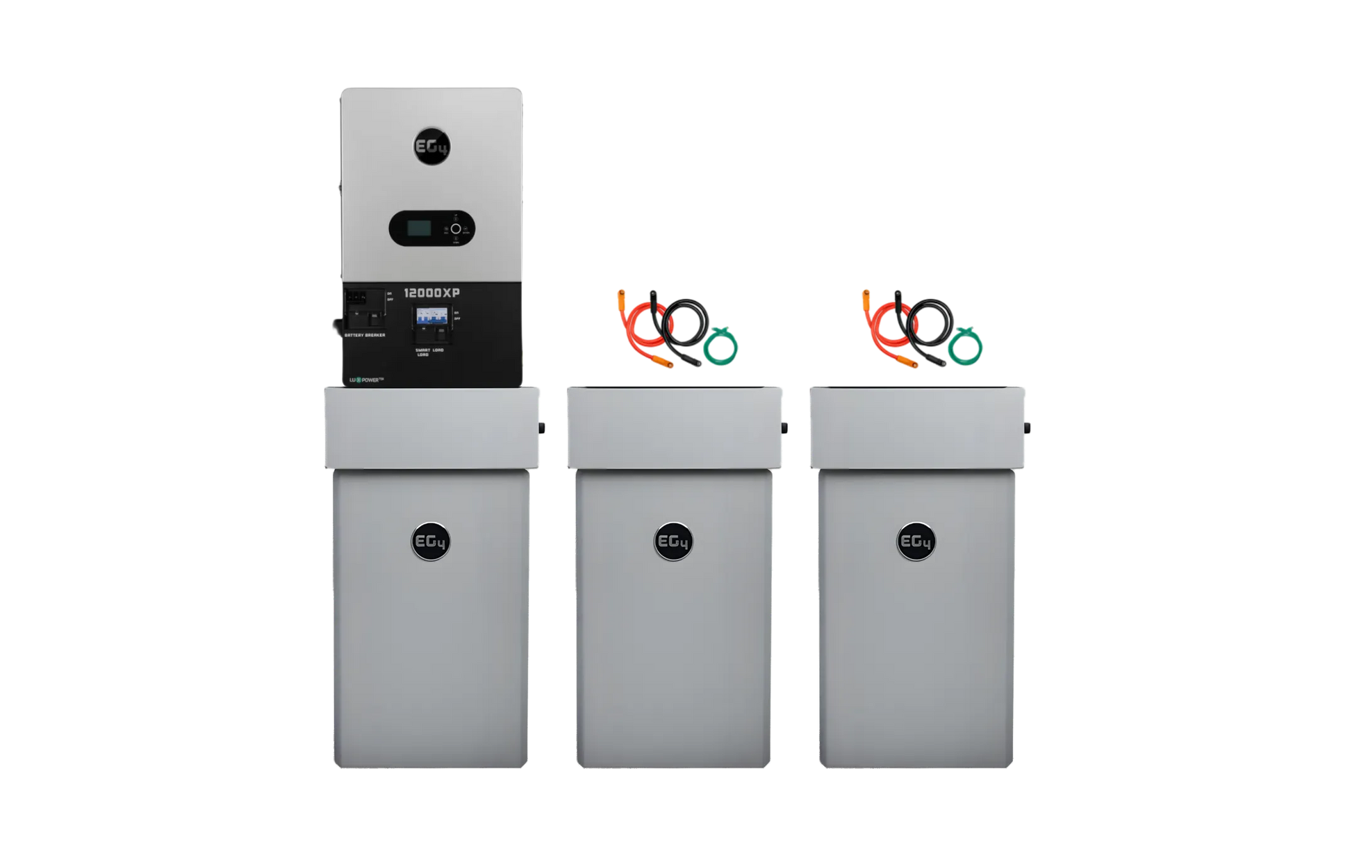 Three silver EG4 48V PowerPro rectangular battery units with circular logos and colored cables are side by side. Above the leftmost unit is a large control panel, illustrating a robust off-grid power solution on a white background.