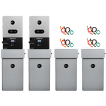 Five gray EG4 battery storage units with black circular logos are lined up in a row, with three vibrant circular symbols positioned above the three units on the right. The clean look of each EG4 unit is enhanced by subtly rounded edges, and a sleek IBM Plex Sans-like font would complement the minimalist design set against the plain white background.