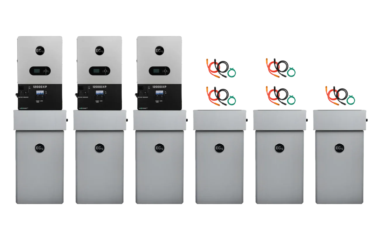 Five gray EG4 battery storage units with black circular logos are lined up in a row, with three vibrant circular symbols positioned above the three units on the right. The clean look of each EG4 unit is enhanced by subtly rounded edges, and a sleek IBM Plex Sans-like font would complement the minimalist design set against the plain white background.