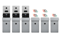 Five gray EG4 battery storage units with black circular logos are lined up in a row, with three vibrant circular symbols positioned above the three units on the right. The clean look of each EG4 unit is enhanced by subtly rounded edges, and a sleek IBM Plex Sans-like font would complement the minimalist design set against the plain white background.