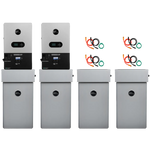 Five identical gray EG4 86kWh energy storage units with screens are lined up side by side. Above the rightmost units, three colorful overlapping circular logos stand out against a plain white background.