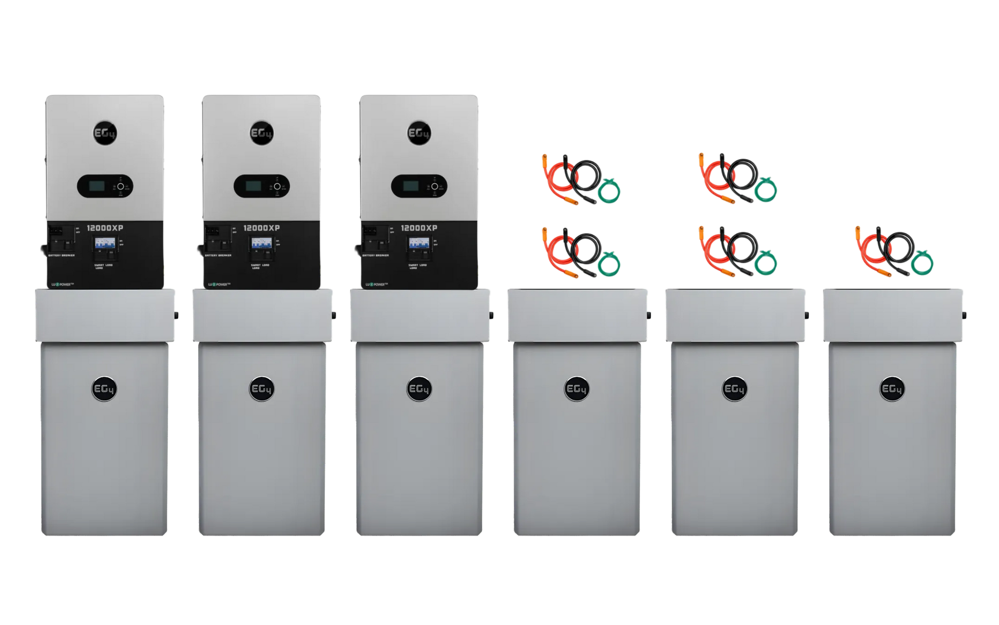Five identical gray EG4 86kWh energy storage units with screens are lined up side by side. Above the rightmost units, three colorful overlapping circular logos stand out against a plain white background.