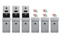 Five identical gray EG4 86kWh energy storage units with screens are lined up side by side. Above the rightmost units, three colorful overlapping circular logos stand out against a plain white background.