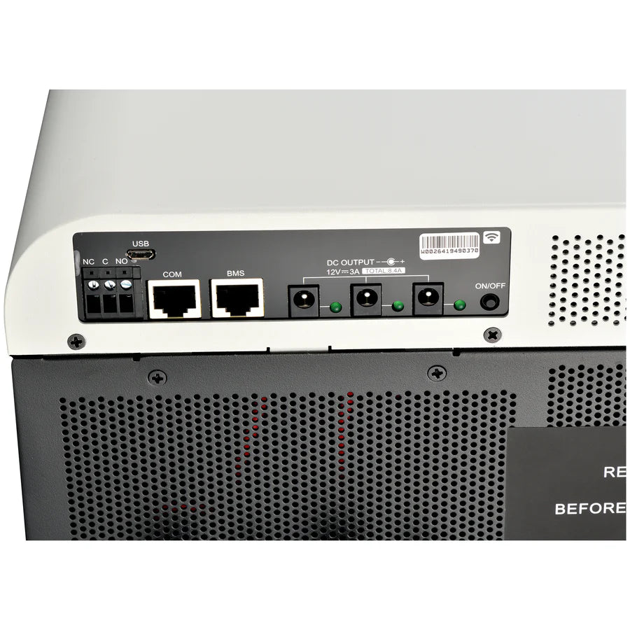 Close-up of the Rich Solar device’s back panel, featuring USB, COM, BMS, DC output, two Ethernet ports, labeled switches, indicator lights, and built-in Wi-Fi for seamless connectivity.