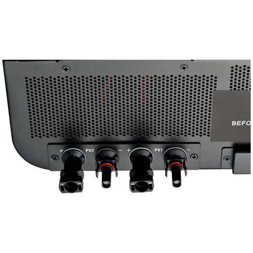 Close-up of three black ports labeled PV1 and PV2 with positive and negative terminals on a vented black Rich Solar inverter, designed for connecting power cables; device stores data log events for monitoring.