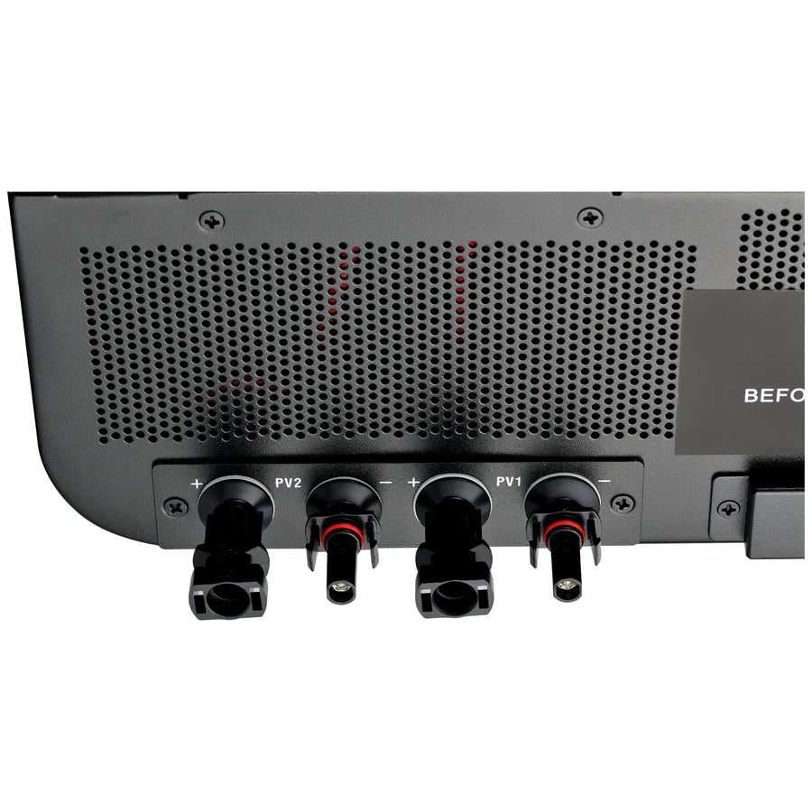 Close-up of three black ports labeled PV1 and PV2 with positive and negative terminals on a vented black Rich Solar inverter, designed for connecting power cables; device stores data log events for monitoring.