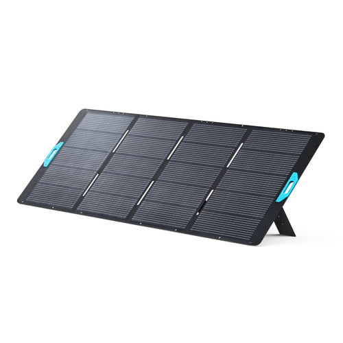 The Anker SOLIX PS400 Solar Panel is a black, foldable panel with four sections, blue side handles, and a built-in stand. It offers 400W power, IP67 waterproof rating, and is shown angled on a white background.