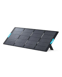 The Anker SOLIX PS400 Solar Panel is a black, foldable panel with four sections, blue side handles, and a built-in stand. It offers 400W power, IP67 waterproof rating, and is shown angled on a white background.