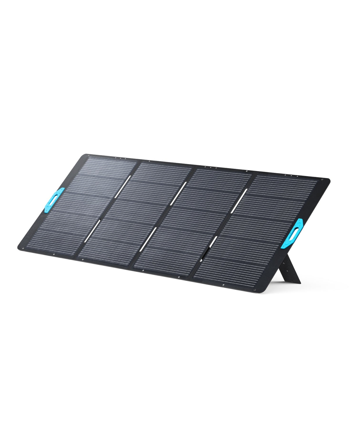 A portable black Anker solar panel with six rectangular sections, blue handles on each side, and stands angling it on a white background—ideal for off-grid power or emergency backup needs.