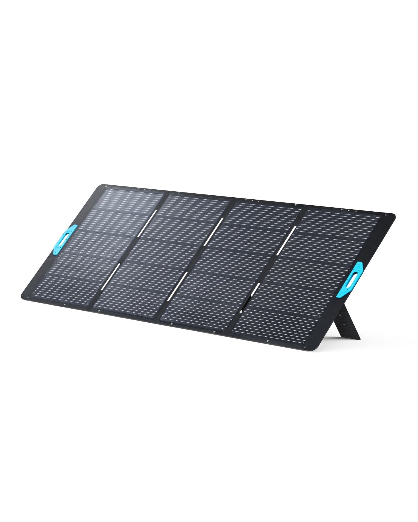 A portable black Anker solar panel with six rectangular sections, blue handles on each side, and stands angling it on a white background—ideal for off-grid power or emergency backup needs.