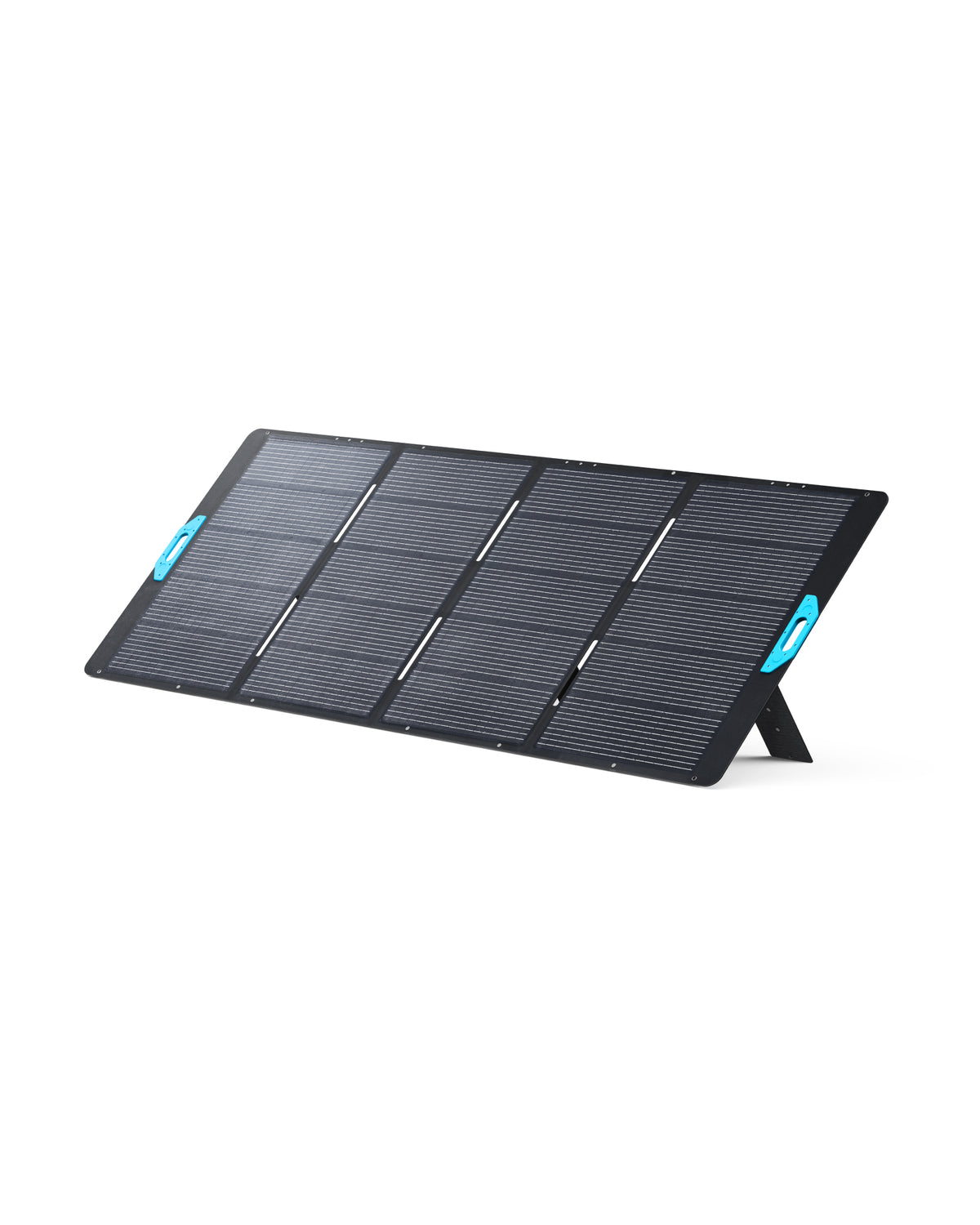 The Anker portable rectangular solar panel features eight sections, blue side handles, and a fold-out stand for angled support. When combined with the Solix F3800 power station, it delivers impressive solar input. Shown on a white background.