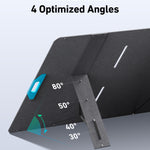 A stand with adjustable support displays four optimized angles—30°, 40°, 50°, and 80°—ideal for the Anker SOLIX PS400 Solar Panel. Bold black text above reads, “Switch Between 4 Optimized Angles” on a light gray background.