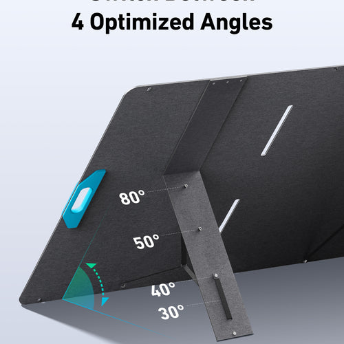 A stand with adjustable support displays four optimized angles—30°, 40°, 50°, and 80°—ideal for the Anker SOLIX PS400 Solar Panel. Bold black text above reads, “Switch Between 4 Optimized Angles” on a light gray background.