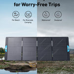 An Anker SOLIX PS400 Foldable Solar Panel stands by a lake with text above: IP67 Waterproof Protection for Worry-Free Trips, and icons show its suitability for beach, camping, as well as its waterproof and dustproof features.