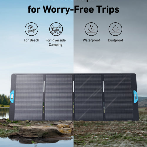An Anker SOLIX PS400 Foldable Solar Panel stands by a lake with text above: IP67 Waterproof Protection for Worry-Free Trips, and icons show its suitability for beach, camping, as well as its waterproof and dustproof features.