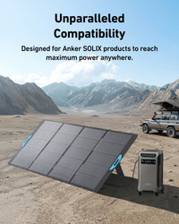 An Anker SOLIX PS400 Solar Panel and portable power station are set up on sandy desert terrain with mountains behind. A solar-equipped vehicle is parked nearby. Text: Unparalleled Compatibility & IP67 Waterproof—maximum power anywhere.