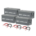 Four large gray Rich Solar ALPHA 4 LITE LiFePO4 batteries are arranged in two rows, with four sets of red and black connecting cables in front. Each battery supplies 2,560Wh for dependable power storage.
