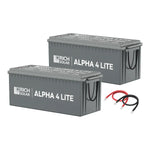 Two large gray Rich Solar ALPHA 4 LITE LiFePO4 batteries are shown side by side with black carrying handles and visible terminals. Included are one red and one black connector cable for a total of 2560 Watt Hours of power.