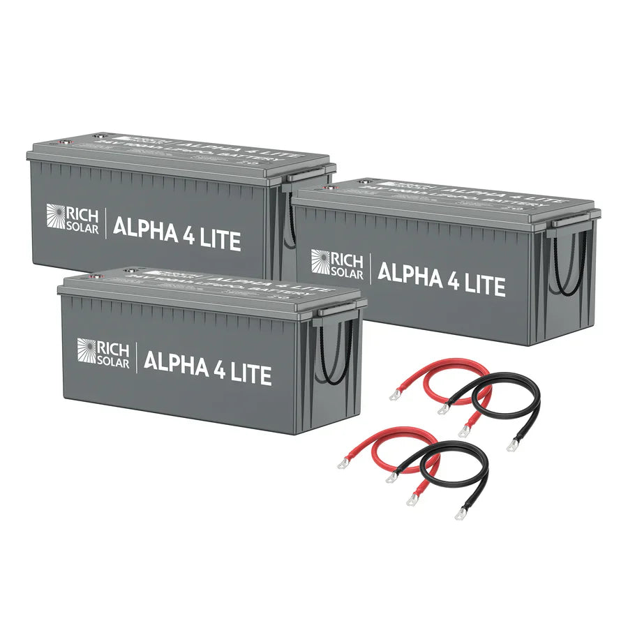 Three gray Rich Solar ALPHA 4 LITE LiFePO4 batteries with carrying handles are displayed, along with two red and two black ring terminal cables, ideal for setups requiring up to 2560 Watt Hours of reliable power.