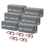 Six Rich Solar ALPHA 4 LITE LiFePO4 batteries are arranged in two rows, with six sets of red and black connection cables in front. Each battery delivers 2560 Watt Hours for reliable, long-lasting power.
