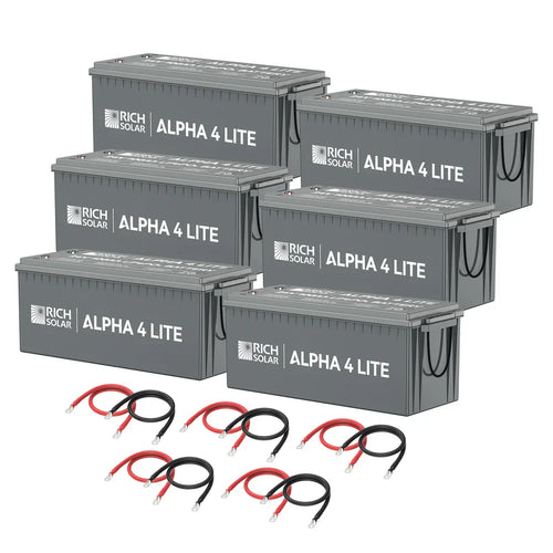 Six Rich Solar ALPHA 4 LITE LiFePO4 batteries are arranged in two rows, with six sets of red and black connection cables in front. Each battery delivers 2560 Watt Hours for reliable, long-lasting power.