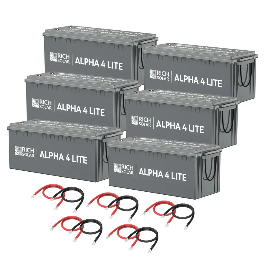 Six Rich Solar ALPHA 4 LITE LiFePO4 batteries are arranged in two rows, with six sets of red and black connection cables in front. Each battery delivers 2560 Watt Hours for reliable, long-lasting power.