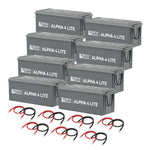 Eight gray Rich Solar ALPHA 4 LITE LiFePO4 batteries (2560Wh each) are arranged in two rows, with eight sets of red and black cables placed in front.