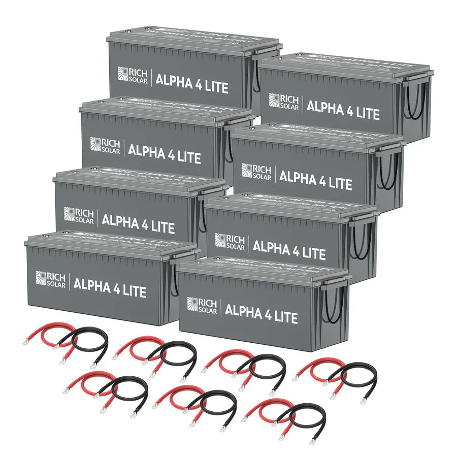 Eight gray Rich Solar ALPHA 4 LITE LiFePO4 batteries (2560Wh each) are arranged in two rows, with eight sets of red and black cables placed in front.