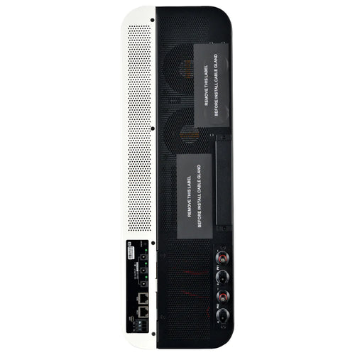 The image shows the back panel of a Rich Solar electronic device, featuring cooling fans, I/O ports, Ethernet ports, built-in Wi-Fi, power connectors, labeled safety warnings, and a sleek black and white design.