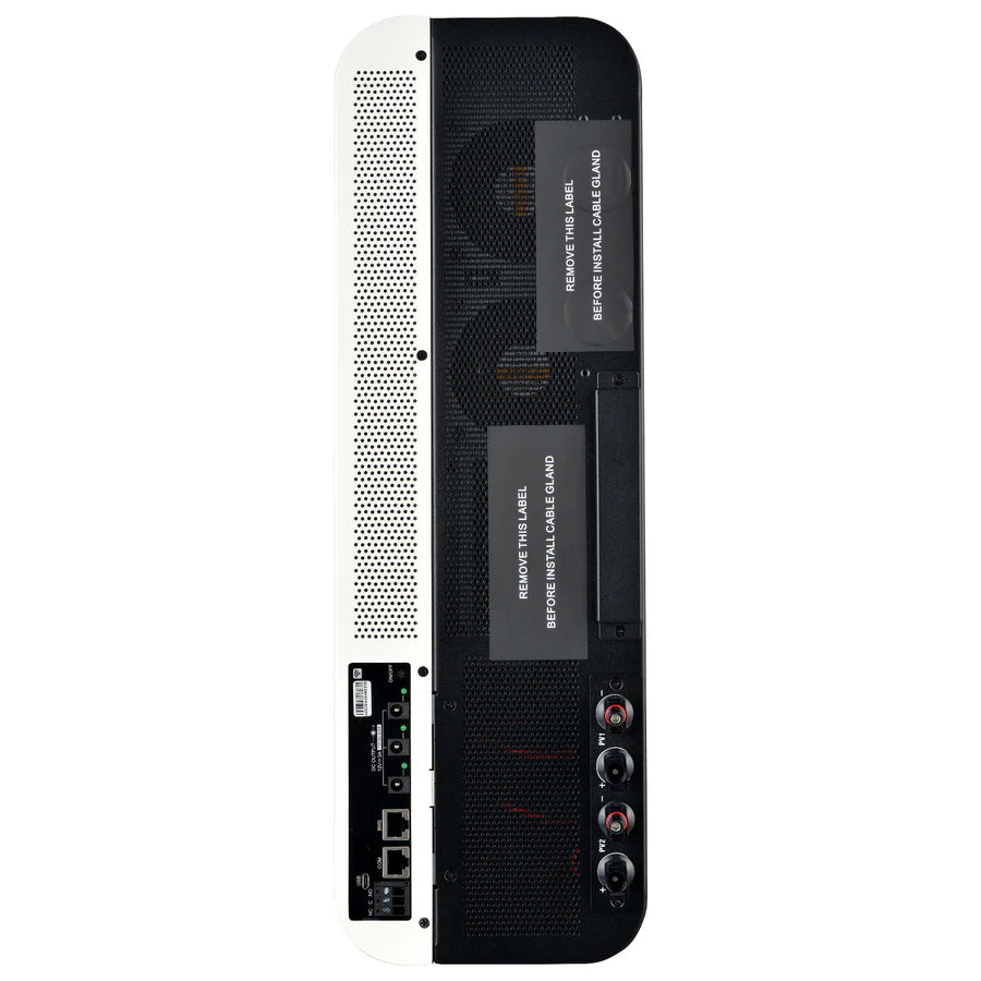 The image shows the back panel of a Rich Solar electronic device, featuring cooling fans, I/O ports, Ethernet ports, built-in Wi-Fi, power connectors, labeled safety warnings, and a sleek black and white design.