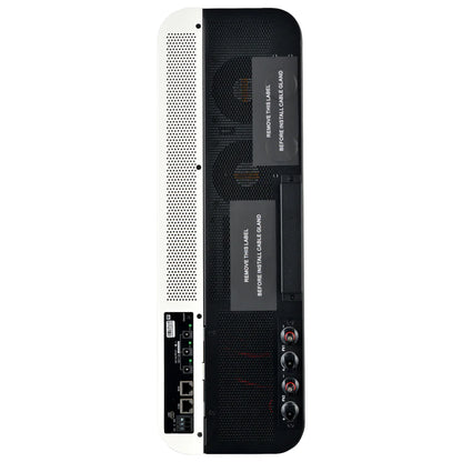 The image shows the back panel of a Rich Solar electronic device, featuring cooling fans, I/O ports, Ethernet ports, built-in Wi-Fi, power connectors, labeled safety warnings, and a sleek black and white design.