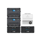 Bluetti portable power stations and batteries, with a 3000W Pure Sine Wave Inverter and mounted transfer switch kit, are shown beside the BLUETTI Smart Home Panel, all set against a white background.