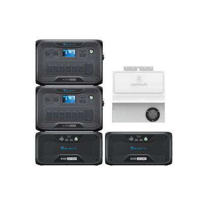 Bluetti portable power stations and batteries, with a 3000W Pure Sine Wave Inverter and mounted transfer switch kit, are shown beside the BLUETTI Smart Home Panel, all set against a white background.