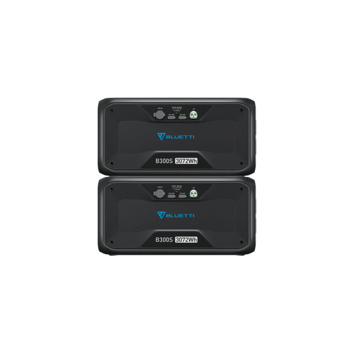 Two stacked Bluetti B300S battery modules, each labeled “3072Wh,” feature black casing and front control buttons—an expandable, rechargeable power solution that meets your energy needs.
