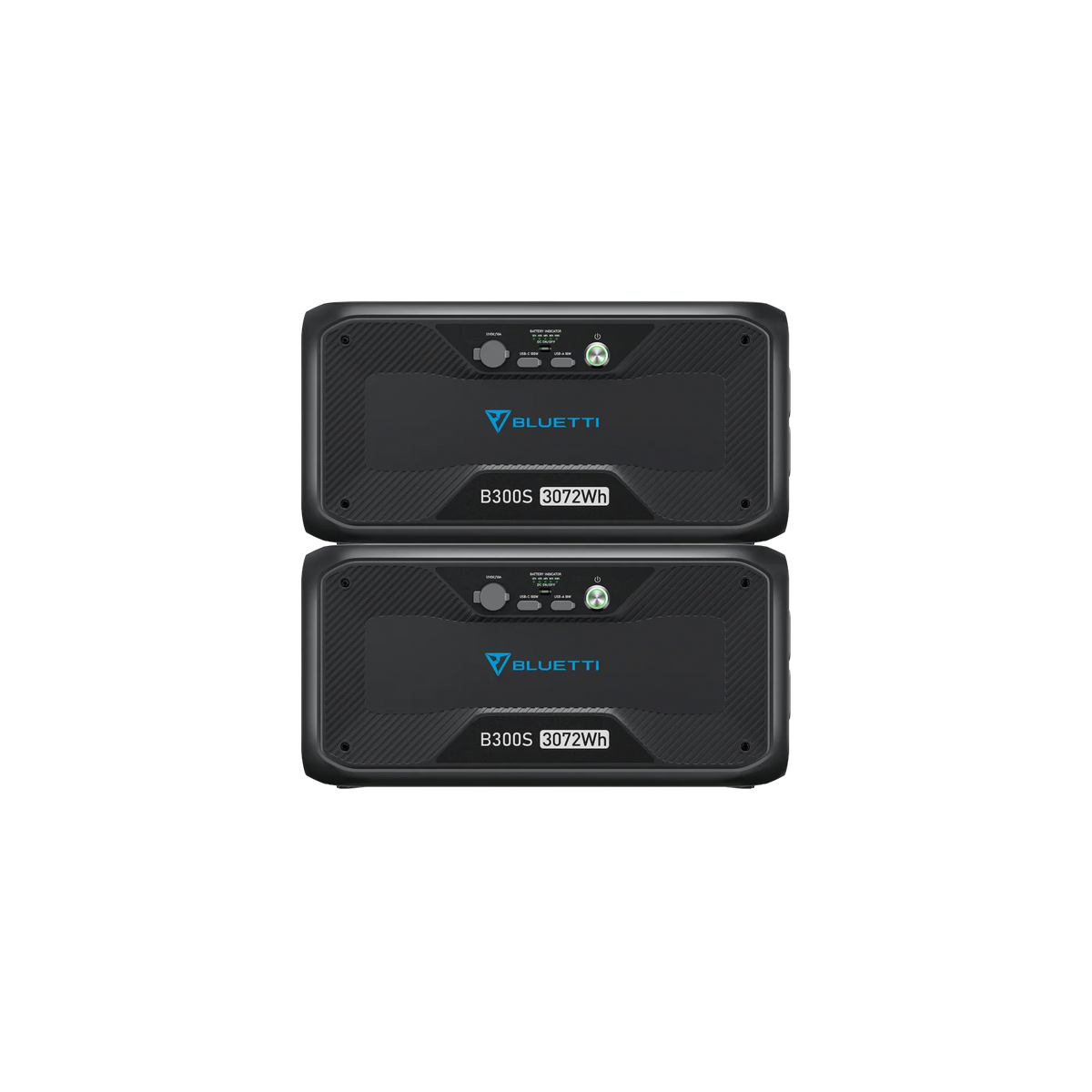 Two stacked Bluetti B300S battery modules, each labeled “3072Wh,” feature black casing and front control buttons—an expandable, rechargeable power solution that meets your energy needs.