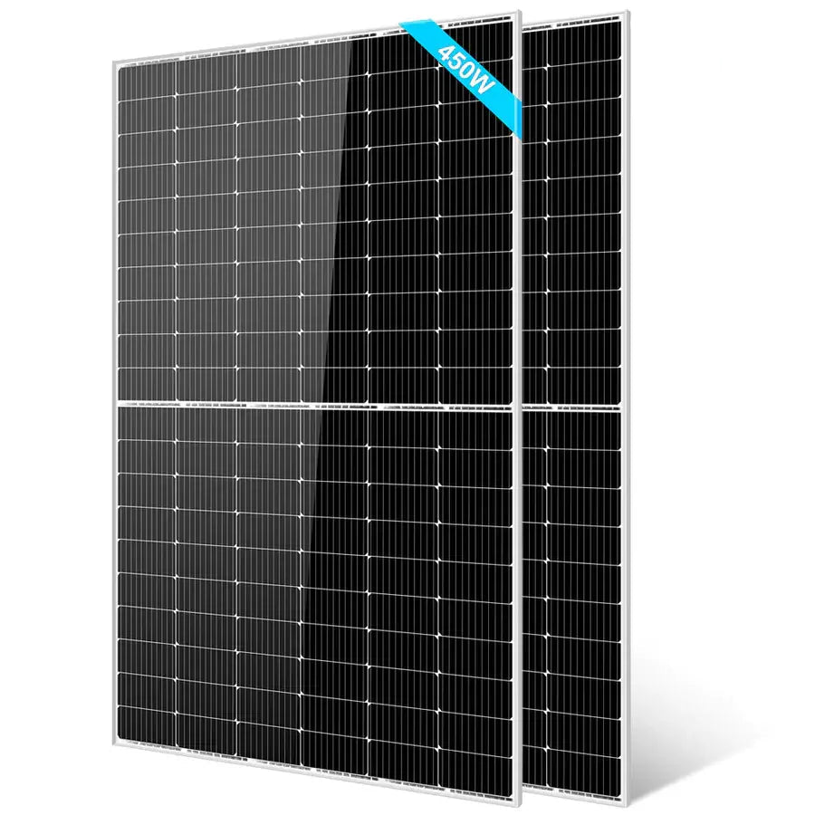 Two large rectangular 450 Watt Monocrystalline PERC Solar Panels by Sungold Power, featuring dark silicon cells, white frames, and a blue 450W label. The panels stand upright and overlap slightly—ideal for off-grid systems.