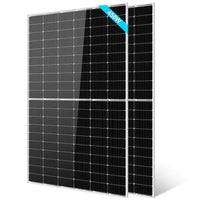 Two large rectangular 450 Watt Monocrystalline PERC Solar Panels by Sungold Power, featuring dark silicon cells, white frames, and a blue 450W label. The panels stand upright and overlap slightly—ideal for off-grid systems.
