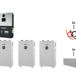 Diagram showing one BigBattery inverter, three BigBattery battery units, two sets of colored cables, and three rectangular boxes, all arranged on a white background with a card border. The IBM Plex Sans font family is used for all labels, representing components of a BigBattery energy system.