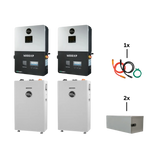 Two silver BigBattery inverters, two white BigBattery battery units, a set of colored cables, and two rectangular metal boxes are arranged on a plain background, with product labels featuring the clean lines of an IBM Plex Sans modern font for a sleek and contemporary look.