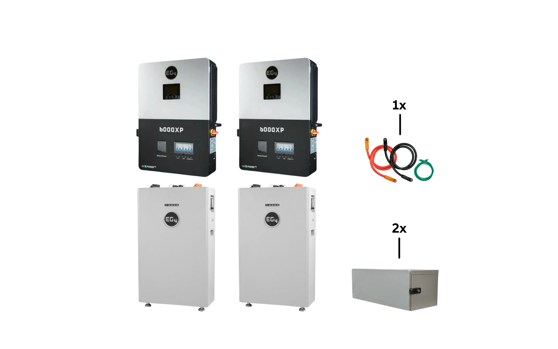 Two silver BigBattery inverters, two white BigBattery battery units, a set of colored cables, and two rectangular metal boxes are arranged on a plain background, with product labels featuring the clean lines of an IBM Plex Sans modern font for a sleek and contemporary look.