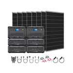 A Bluetti portable solar power system set featuring six Bluetti power stations with pure sine wave inverter technology, six large solar panels, and various accessories—all arranged neatly against a white background.