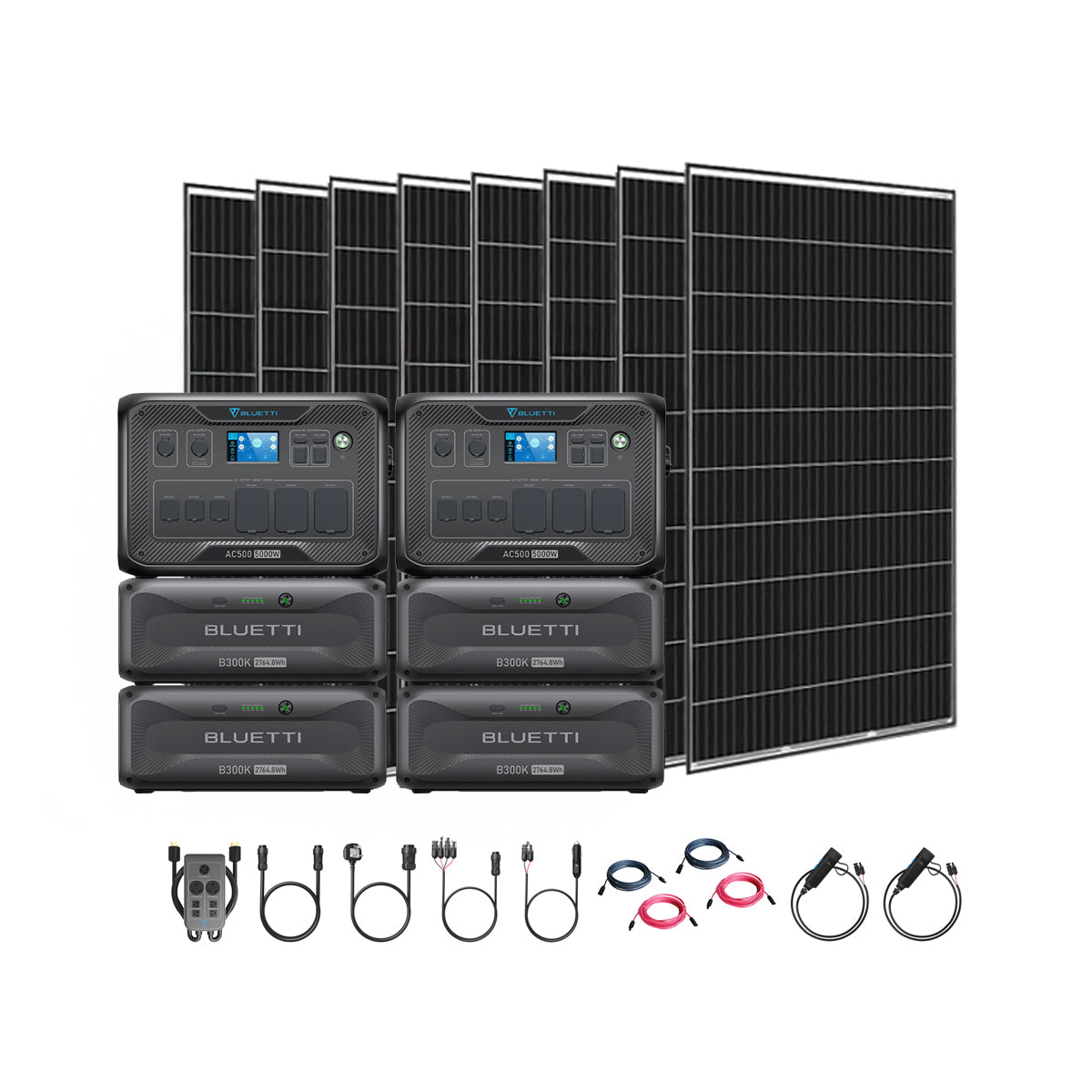 A Bluetti portable solar power system set featuring six Bluetti power stations with pure sine wave inverter technology, six large solar panels, and various accessories—all arranged neatly against a white background.