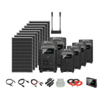 The EcoFlow complete solar generator system includes six Delta Pro 3600W power stations, ten solar panels, a hub with two antennas, multiple cables, connectors, extension cords, red/black wires, and a digital display monitor.