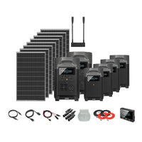 The EcoFlow complete solar generator system includes six Delta Pro 3600W power stations, ten solar panels, a hub with two antennas, multiple cables, connectors, extension cords, red/black wires, and a digital display monitor.