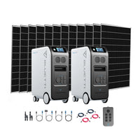 Two Bluetti portable power stations with display screens, including the EP500 Pro, are shown in front of ten solar panels, along with cables, connectors, and a remote control—all arranged on a white background.