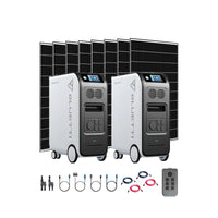 Two Bluetti portable power stations, including the EP500 Pro with advanced LiFePO4 battery and UPS backup, are shown with six solar panels behind them. Power cables, connectors, and an electrical panel sit in front.