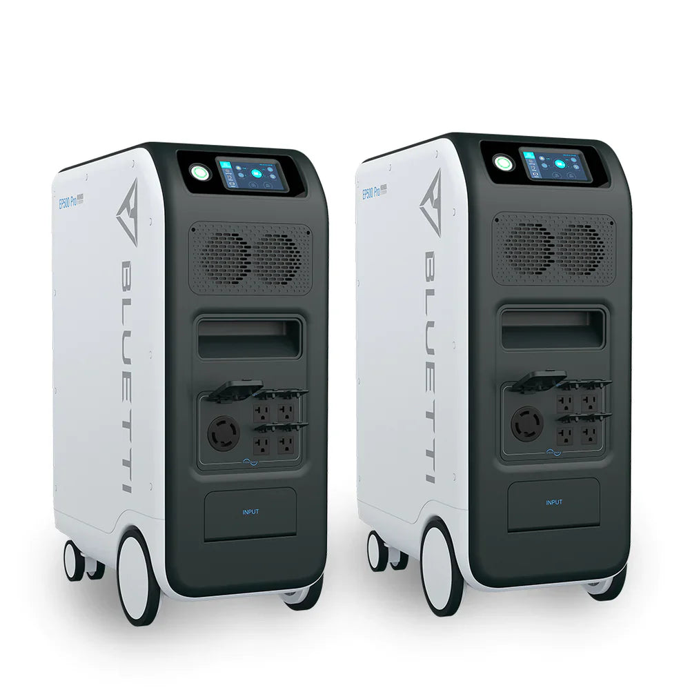 Two Bluetti portable power stations with pure sine wave inverters, wheels, front displays, and multiple outlets in a sleek white and black design are placed side by side against a white background.